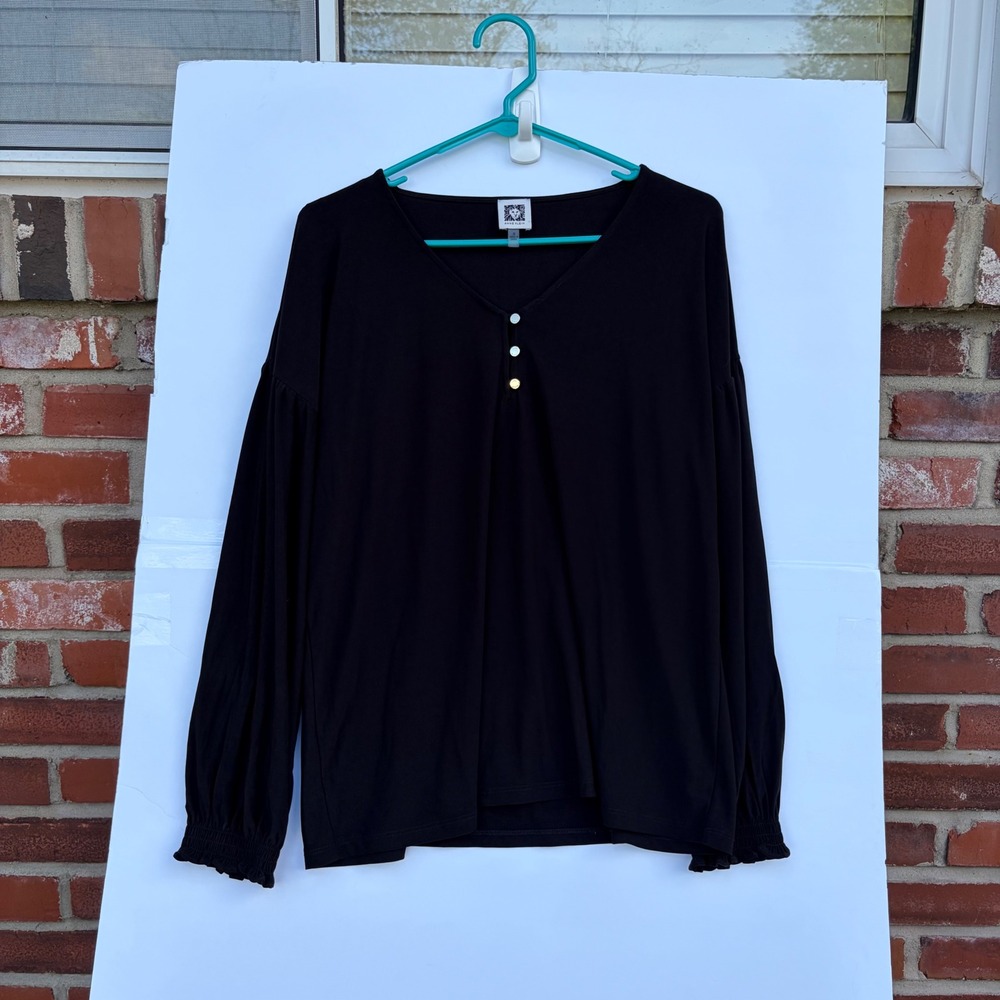 Anne Klein Womens Black V-Neck Top Gold Lion Buttons Smocked Cuff Small